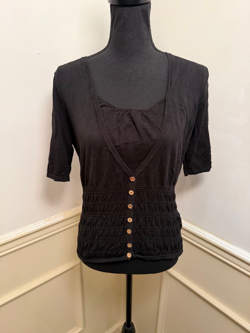 August Silk Knits Black Silk Cotton Blend Faux Twinset Layered Top Smocked Y2K